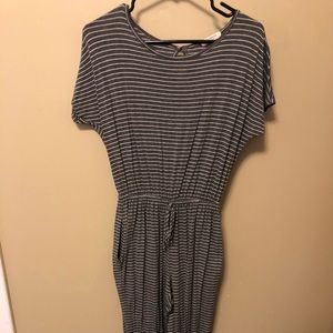 Grey and white stripe stretchy jumpsuit.